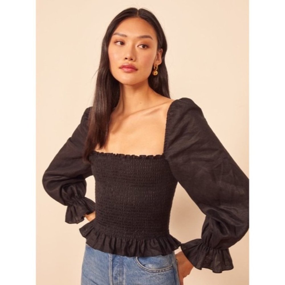 Reformation Tangerine Puff Sleeve Linen Top Black Size M (Originally $106)